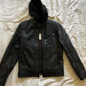 NWT Express Mens Black Leather Jacket With Zip Out Hood!